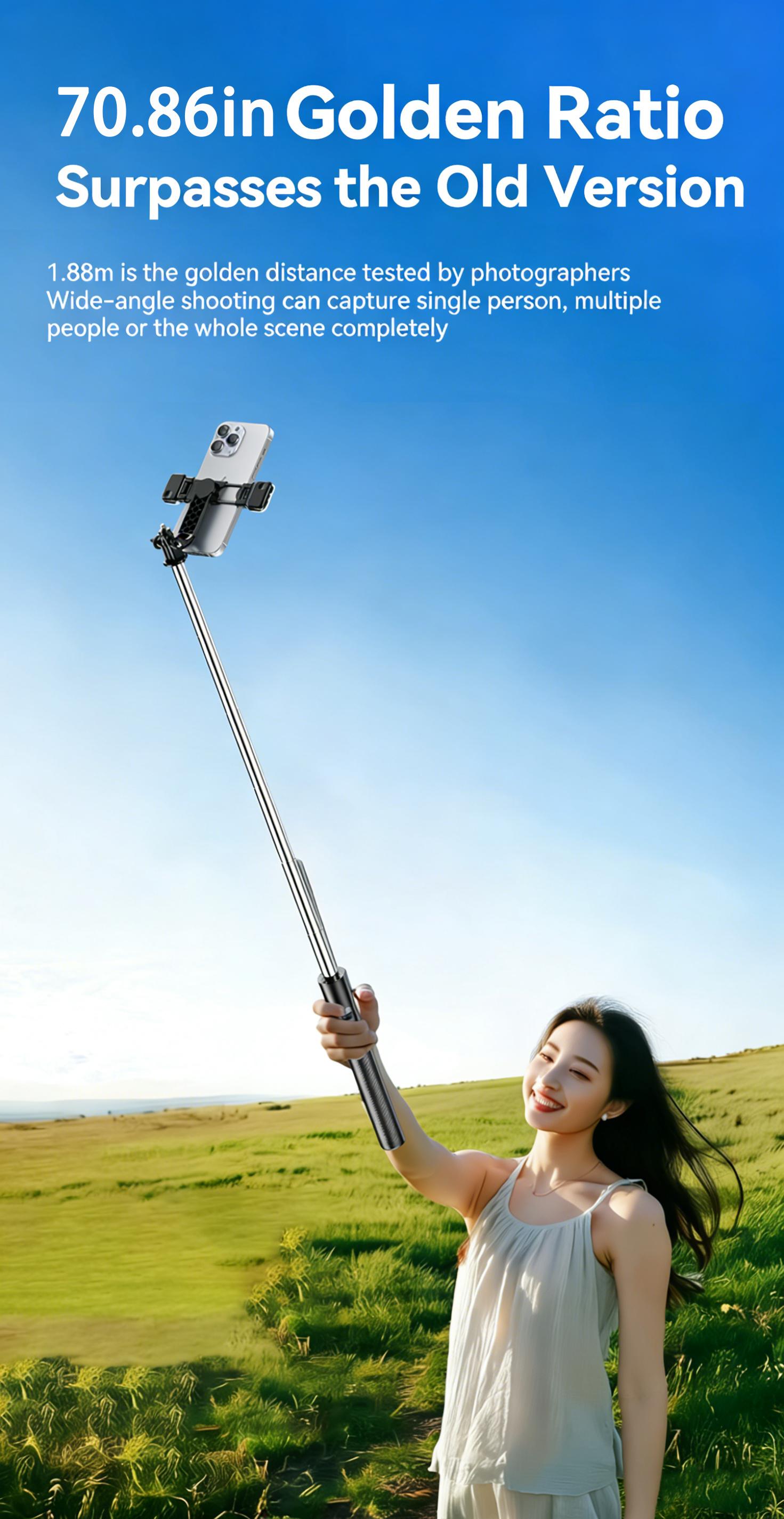 70.86" telescopic Selfie Stick Tripod, 3-Axis Anti-Shake with Bluetooth Remote, Compatible with iPhone/Android/Camera for Vlog/Live Stream