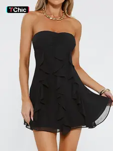 Strapless Solid Party Dress Women Sexy Occasion Wear Daily Outfit Flare Mini Dress Strapless Solid Party Dress Women Sexy Occasion Wear Daily Outfit Flare Mini Dress