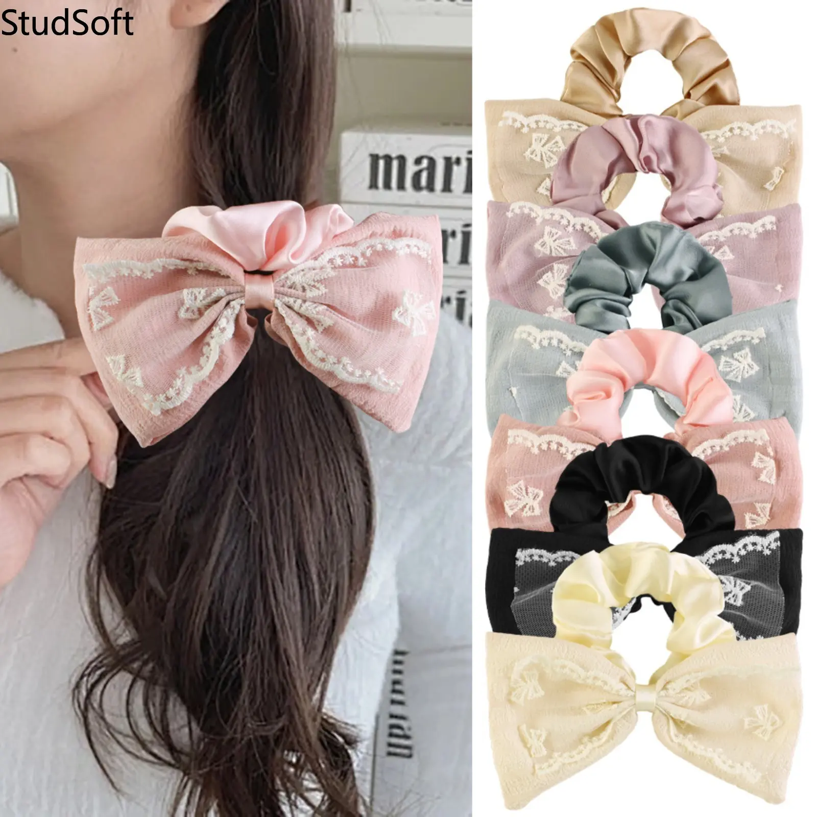 6Pcs Lace Bow Scrunchies Large Satin Hair Ties Embroidery Ribbon Ponytail Holder Pack Elegant Sweet Mesh Hair Bands for Women Casual Daily Party