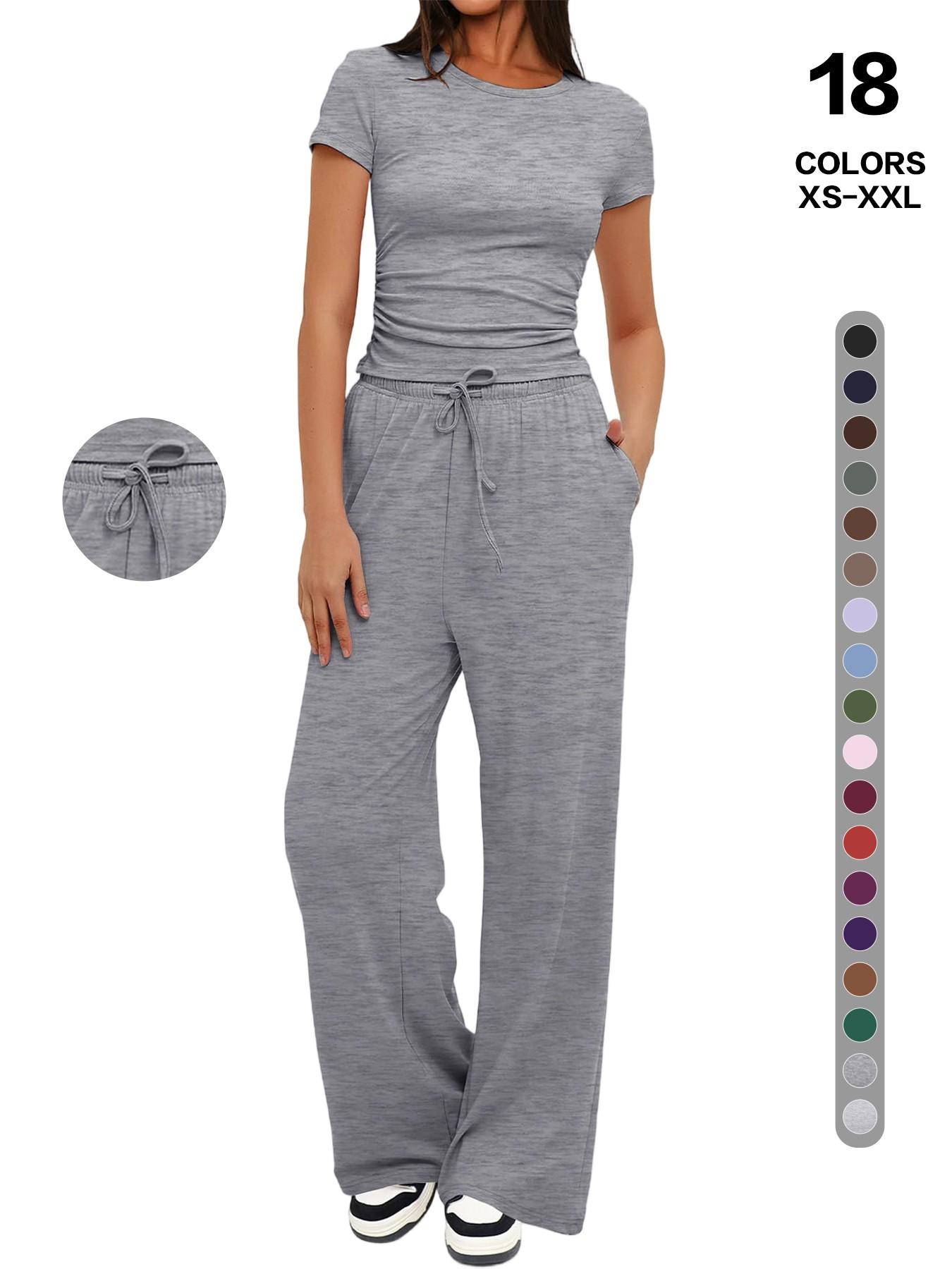 2026 Women's Solid Round Neck Short Tee and Pants, 2- or 6-Piece Set, Casual Comfy Elastic Pajama Set for Women, Cozy Loungewear for Daily Home Wear