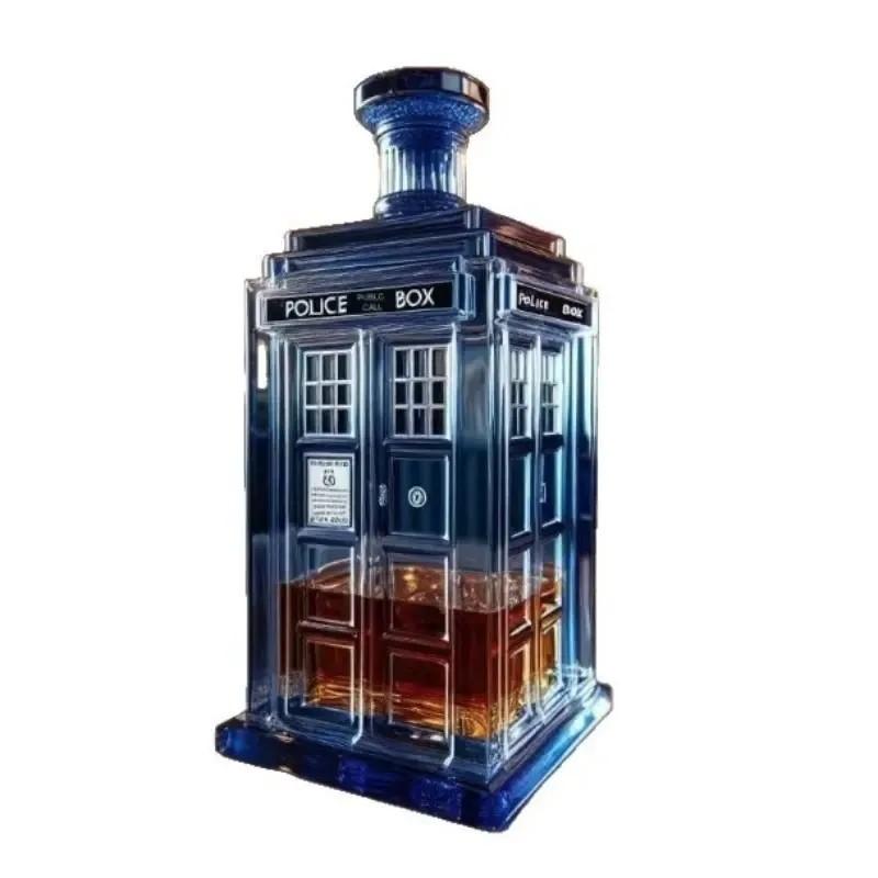 Police Box Shaped Whiskey Decanter, Handcrafted Blue Glass Liquor Bottle, Perfect Gift for Men, Home Bar Decor, Collectible Display
