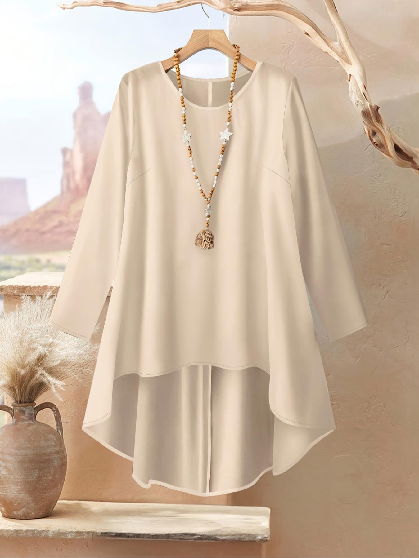 Women's round neck Fitted irregular print Woven long-sleeved top and elastic waist solid color wide-leg pants two-piece set outfit, suitable for Beach, seaside vacations, lazy time, daily outings, holidays, home, casual wear