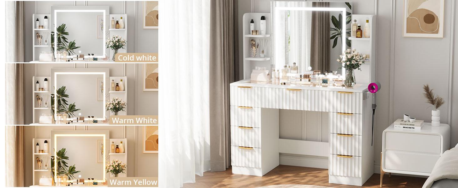 VOWNER Modern White Vanity Desk with LED Mirror and Lights Bulbs Makeup Vanity Desk with Drawers and Storage Shelves & Power Outlet Hair Dryer Rack Dressing Table with Glass Top