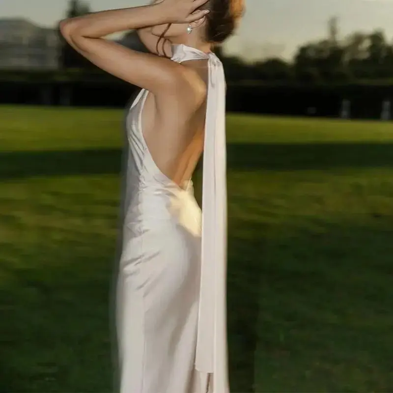 Sexy Halter Ribbon Backless Long Dress for Women Spring Solid Satin Tight Evening Gown Summer Sleeveless Hollow Boho Dress