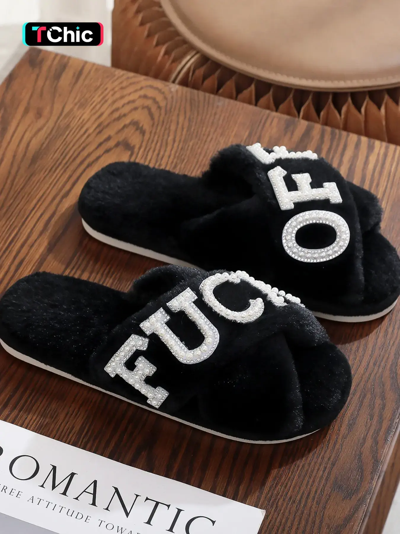 Pearl Drilled Letter off Women's Plush Slippers, Indoor Home Slippers, Comfortable Cross Strap Design, Memory Foam, Perfect Home Gift for Wife