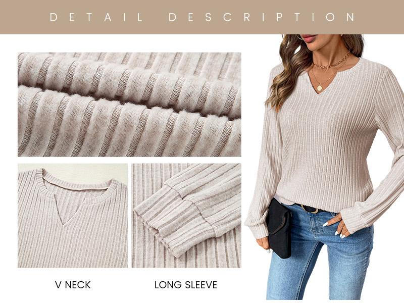 Shewin 2026 Spring Cozy Soft Ribbed Knit Striped Blouse Women's V-Neck Long Sleeve Pullover Top Comfy for Work & Casual Daily Looks in Viscose & Polyester Blend