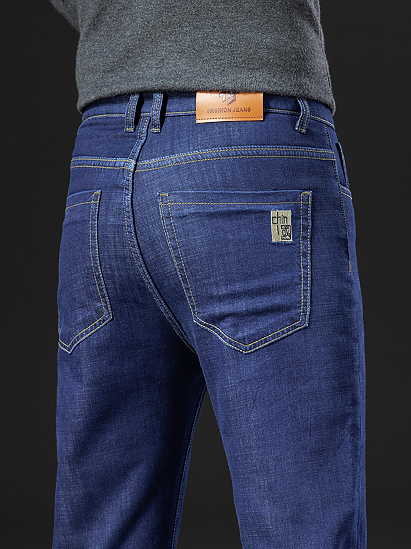 Men's Fleece-Lined Plain Denim Jeans, Winter Casual Friday Loose Straight-Leg Warm Pants, Thickened Thermal Comfortable Men's Clothing