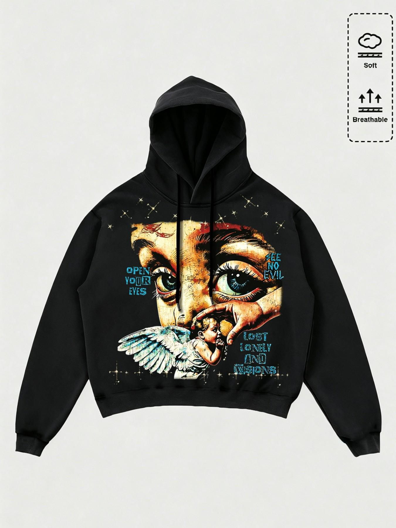 Men's Black Graphic Hooded Sweatshirt | Modern Gothic Angel Art Pattern | Loose Comfort Drop Shoulder Fit | For Gen Z Youth Streetwear Outdoor Casual Wear | Street Fashion Sweatshirt