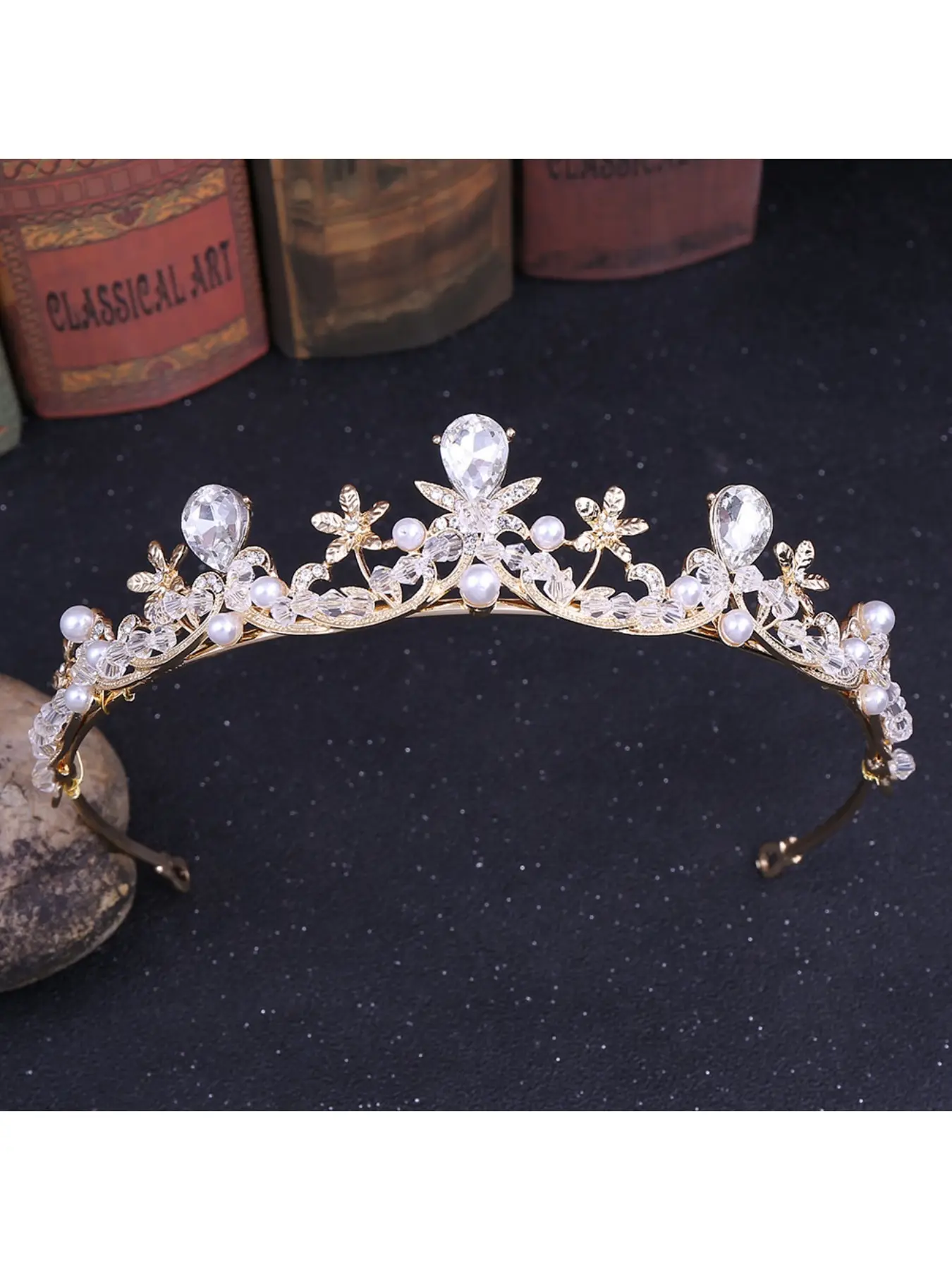 New Korean-style hair accessory crown with crystal beads, floral pearls, handmade bridal tiara