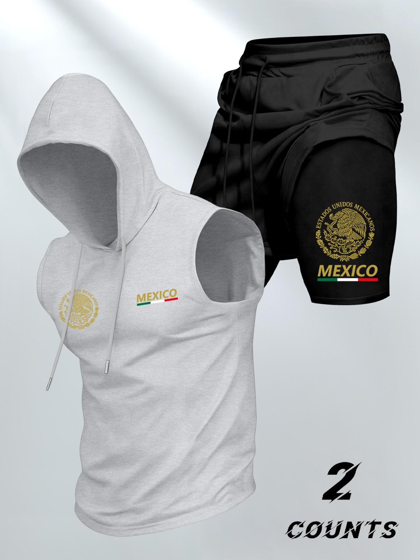 Men's Casual Fashion 2-Piece Sporty Set, Vintage Mexican Emblem Print Hooded Vest and Fake Two-Piece Shorts, Comfortable Trendy Summer Outdoor Sports Wear