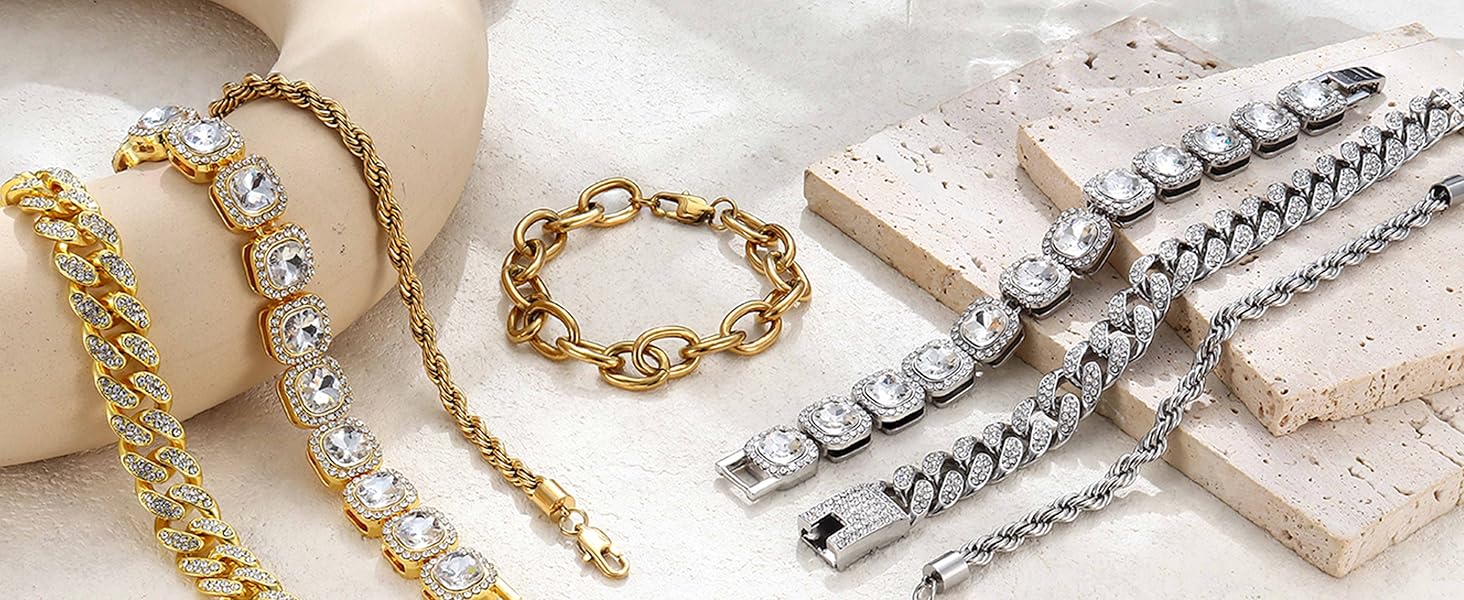 Sanfenly Chunky Gold Silver Bracelets for Women Set 18K Gold Plated Simulated Diamond Tennis Bracelet Rhinestone Cuban Link Chain Bracelet Thick Stainless Steel Punk Bracelet Stack 7&8 Inch