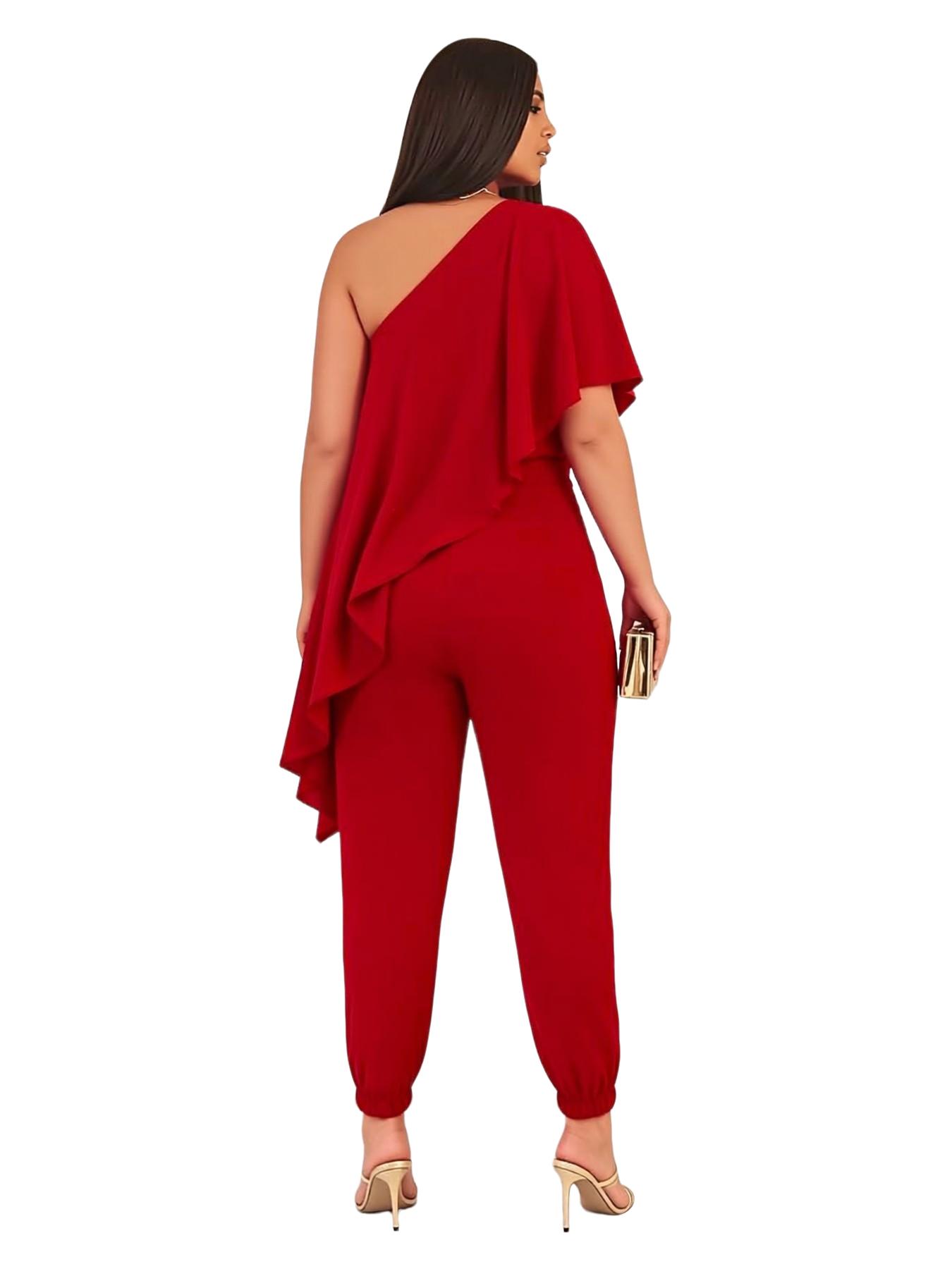 Two-Piece Asymmetrical Ruffle Top and Elastic Waist Pants Set, Fashionable Side Pockets, Fit, Perfect for Office, Dates, Parties, Holidays