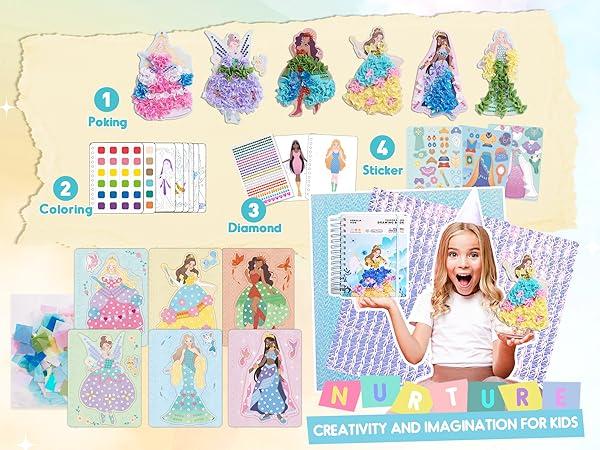 Jar Melo Poke-in 4-in-1 Diamond Painting Kits & Art Magic Princess Craft Kit Stuffers Watercolor DIY Gifts for Girls Handicraft Activities Easter Gifts Embroidery Design Set