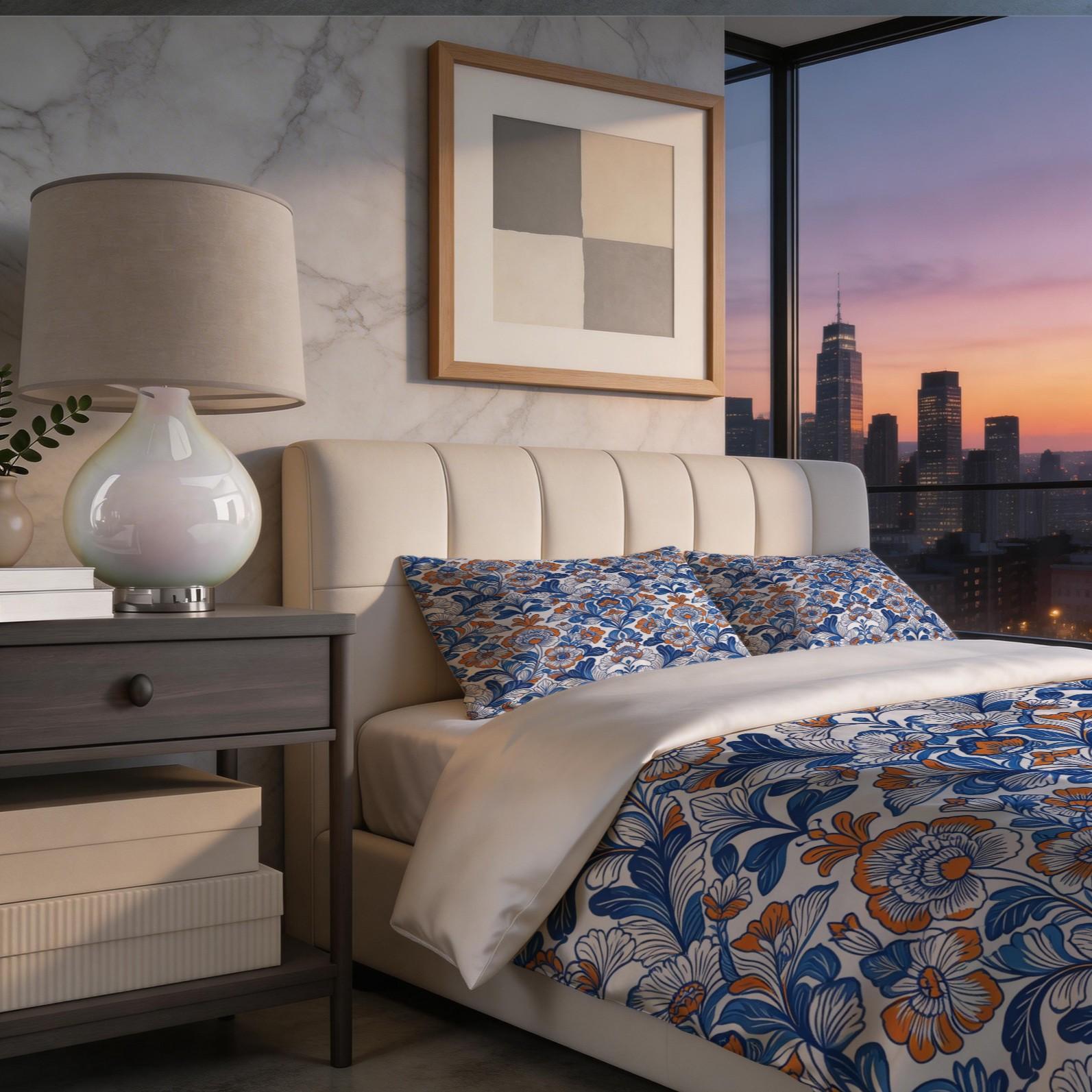 2/3 Piece Bohemian Blue Orange Floral Duvet Cover Set, HD Digital Printed Comforter Cover, Soft Breathable Bedding Set with Zipper & Corner Ties, No Inserts for Bedroom Decor