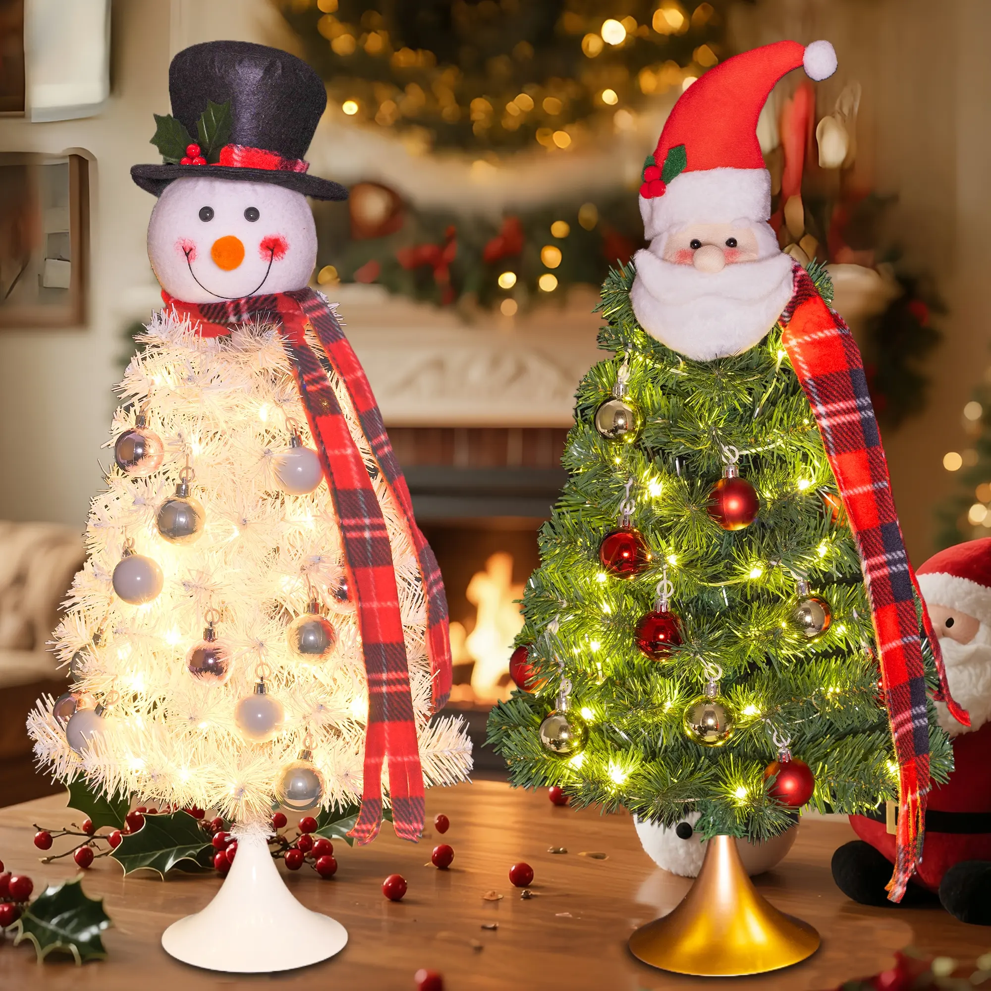 60cm Christmas Tree with Santa & Snowman Topper, Warm LED Lights, Battery Powered, 8 Modes, Metal Base, Perfect Holiday Decor