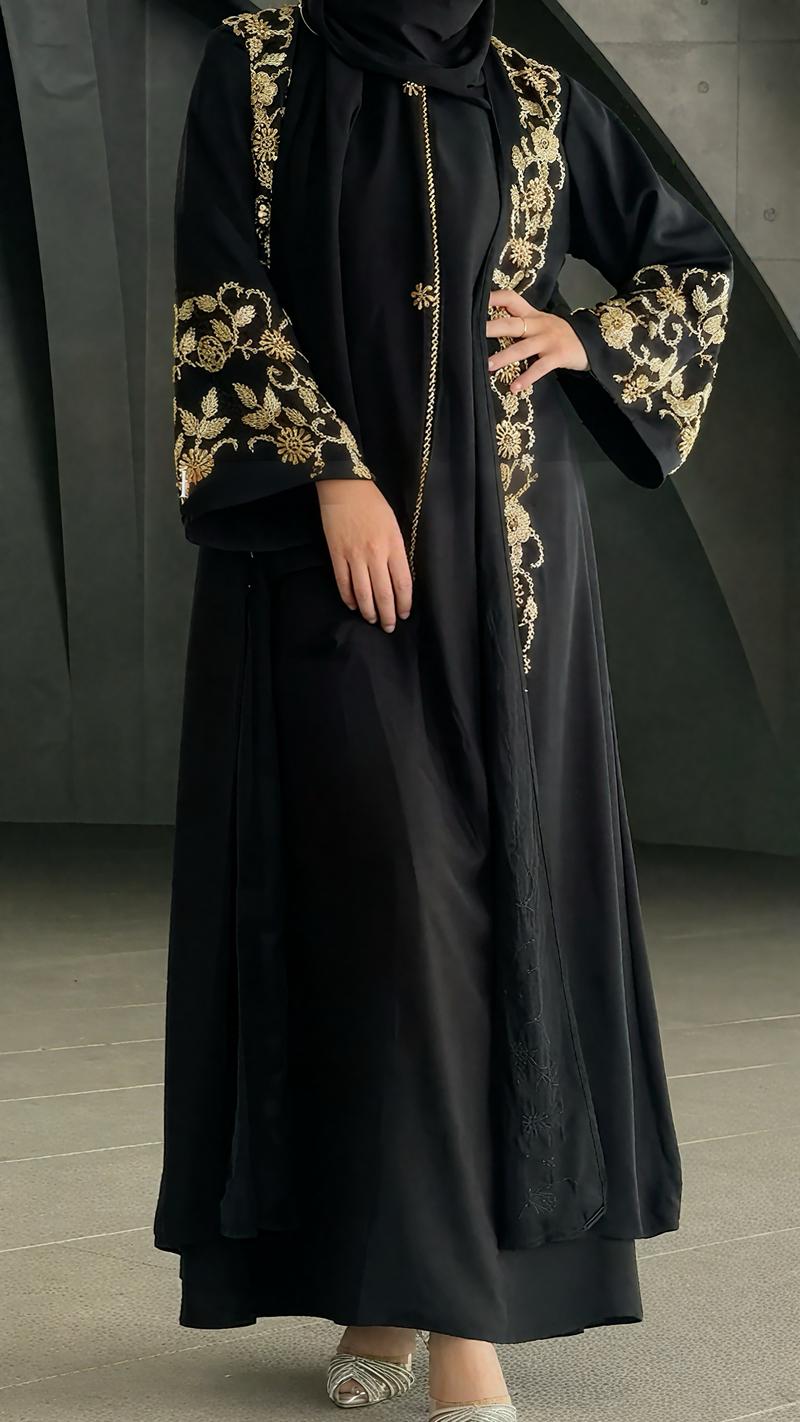 Black Banquet Dress Abaya Set | Embroidered Diamond Elegance 3-Piece Abaya with Hijab (MOA184)