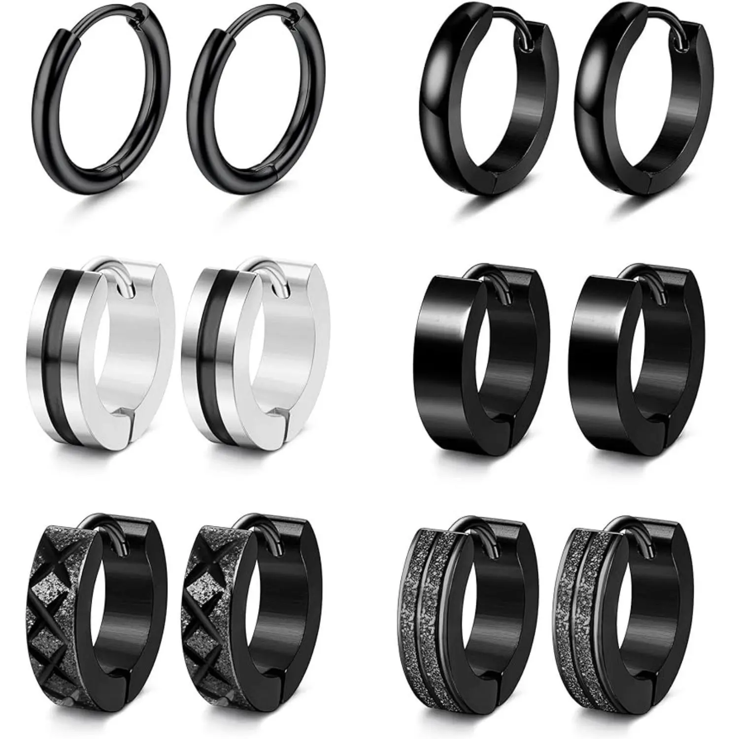 Cassieca Unisex 6-Pair Stainless Steel Earrings Set - Classic Small Hoops, Helix Piercing Sleepers, Dome, Black Styles, Sleep-Safe Jewelry for Men/Women, Men's Accessories Sohochic