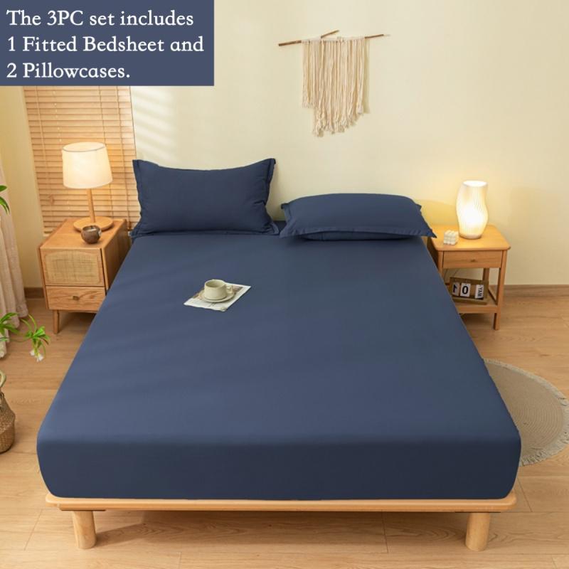 3pcs Solid Elastic Fitted Sheet Set, Full Coverage Non-Slip Mattress Protector, Deep Pocket Fits 5-30cm Mattress, Soft Breathable Durable Bedding, Wrinkle-Free and Fade-Resistant