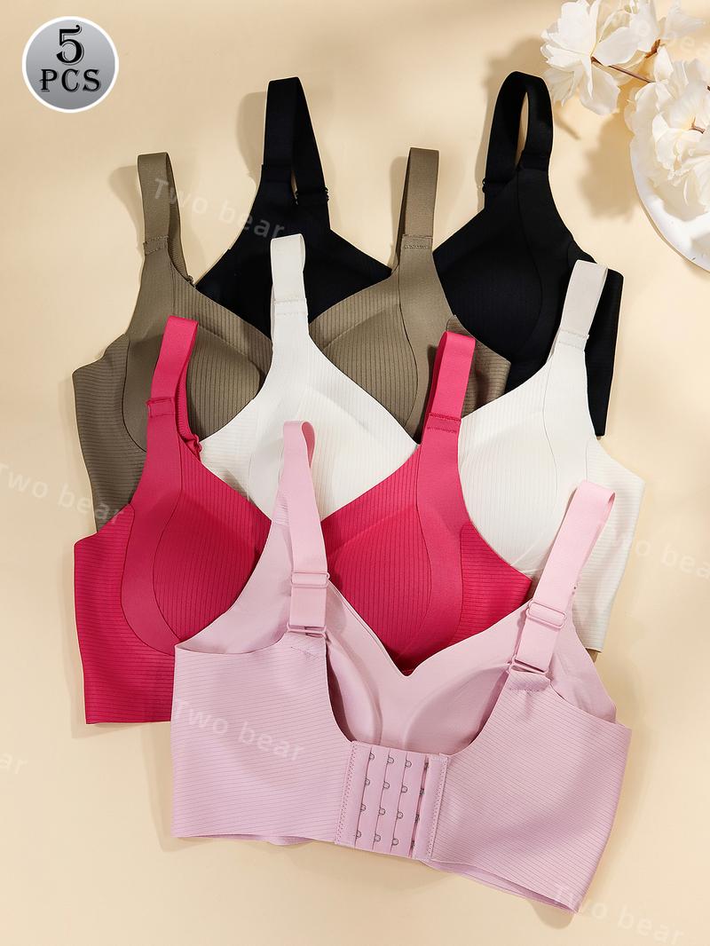 [7/5/4/3Pcs]Women's Solid Four-breastedAdjustable Wireless Bra,Curvy SoftComfortable BreathableRibbed PushUp Seamless Bra,Women's Lingerie forAll Seasons,Womenswear