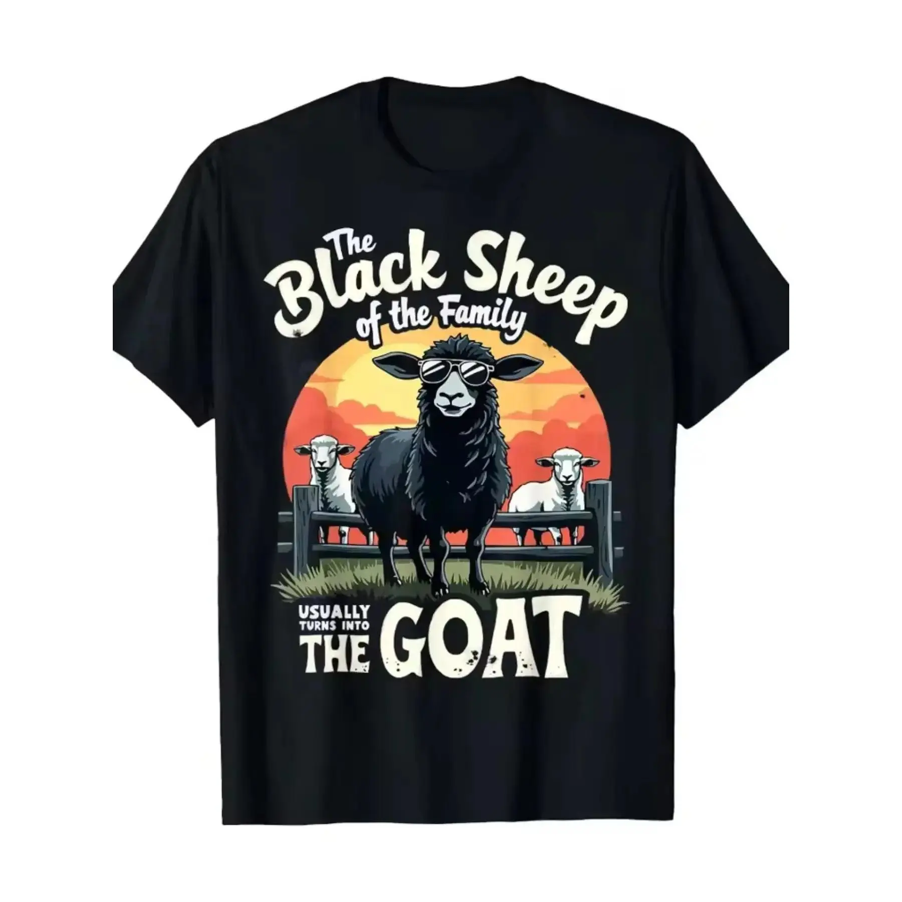 Sheep Family Goat Pattern T-Shirt, Men's Casual Streetwear Round Neck Tee, Long Fitted Style, Comfortable Daily Wear