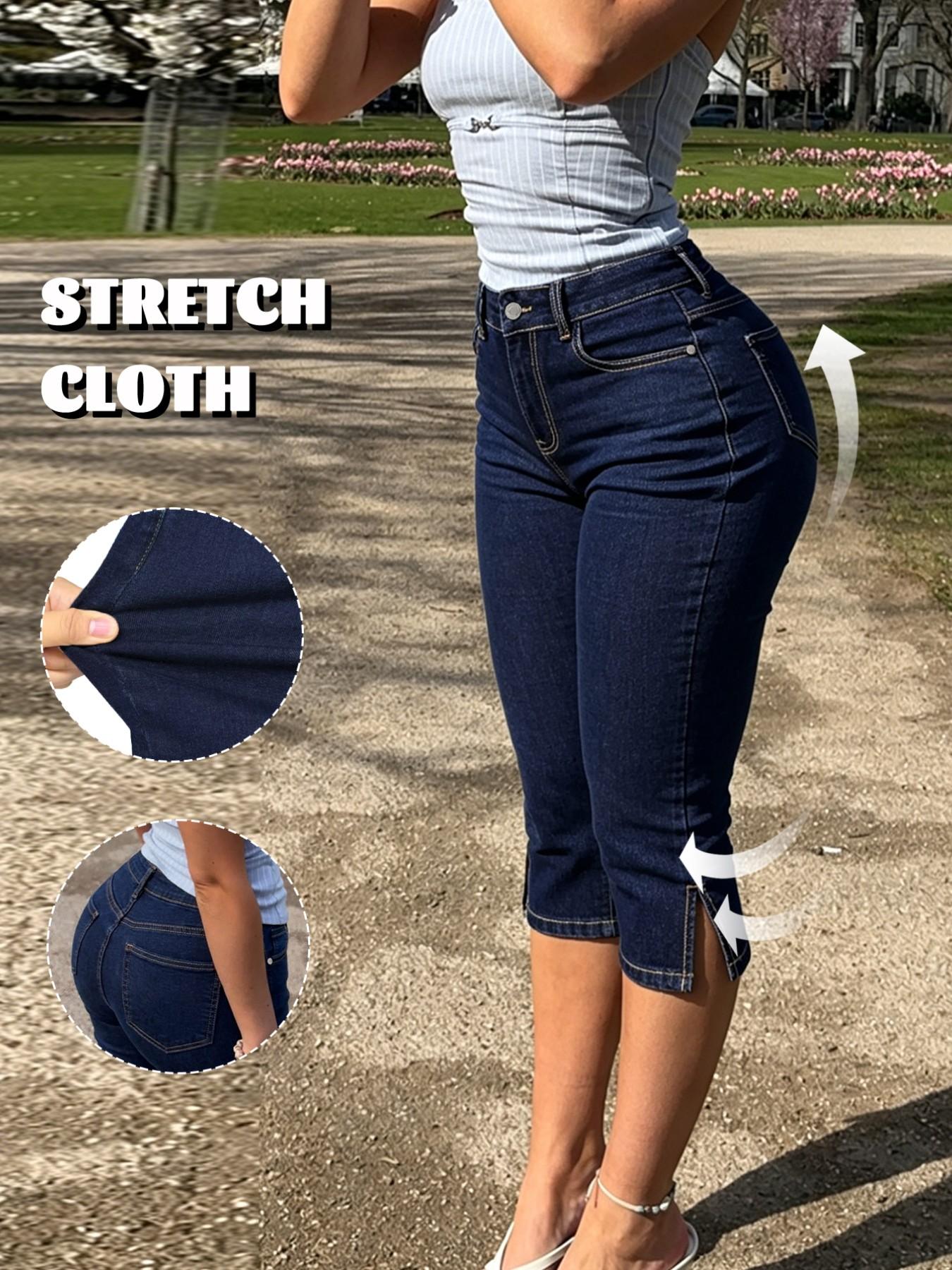Women's GILIPUR Dark Blue Washed Mid Waist Butt Lifting Capri Jeans, Medium Stretch Slim Fit Side Slit Hem Skinny Denim Capris with Pockets, Casual Streetwear, Summer Outfits for Daily, Vacation & Date Denim Capri Pants #TChic