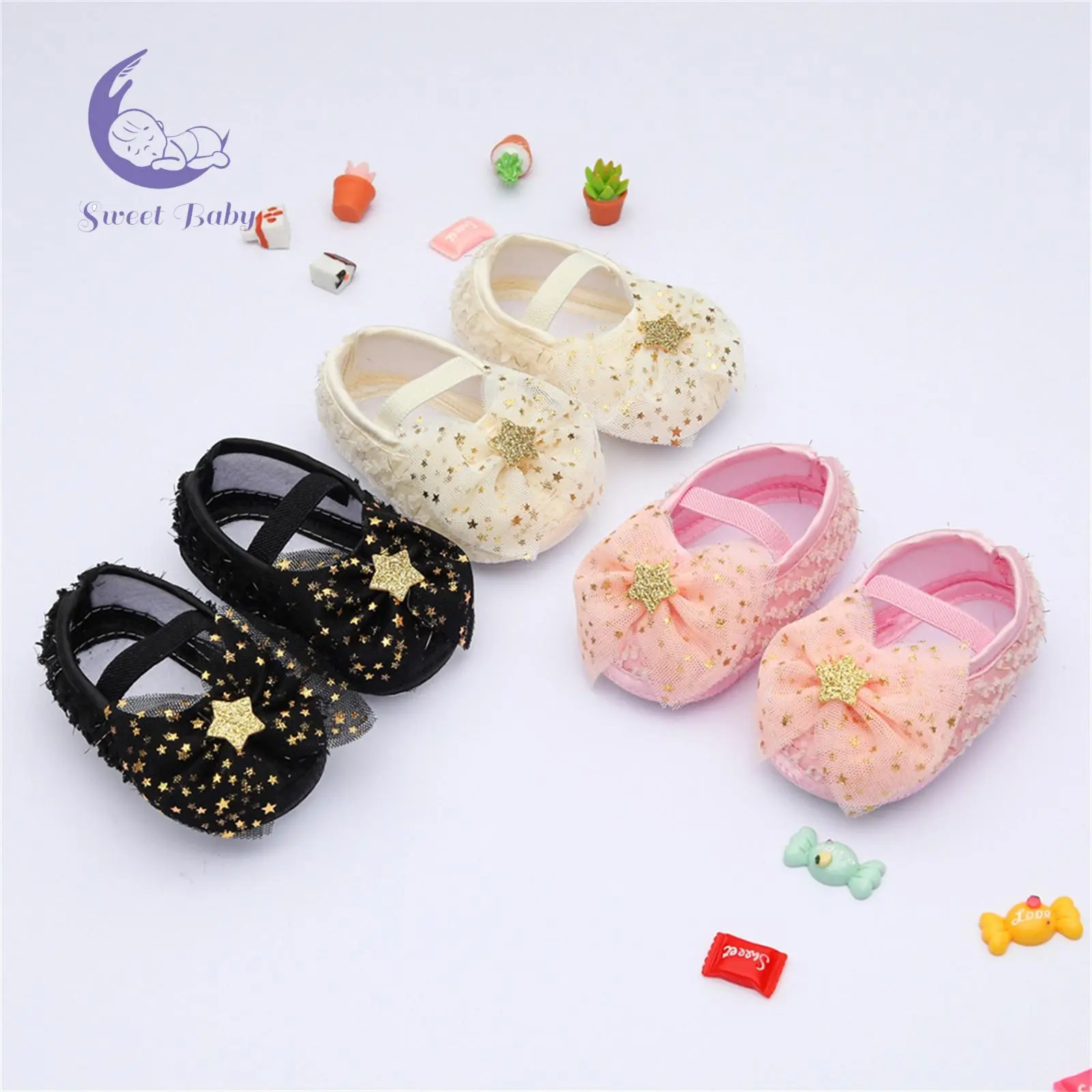 Baby Cotton Cloth Shoes with Pentagram Sequins, Bow Mesh Sweet Decoration Accessory