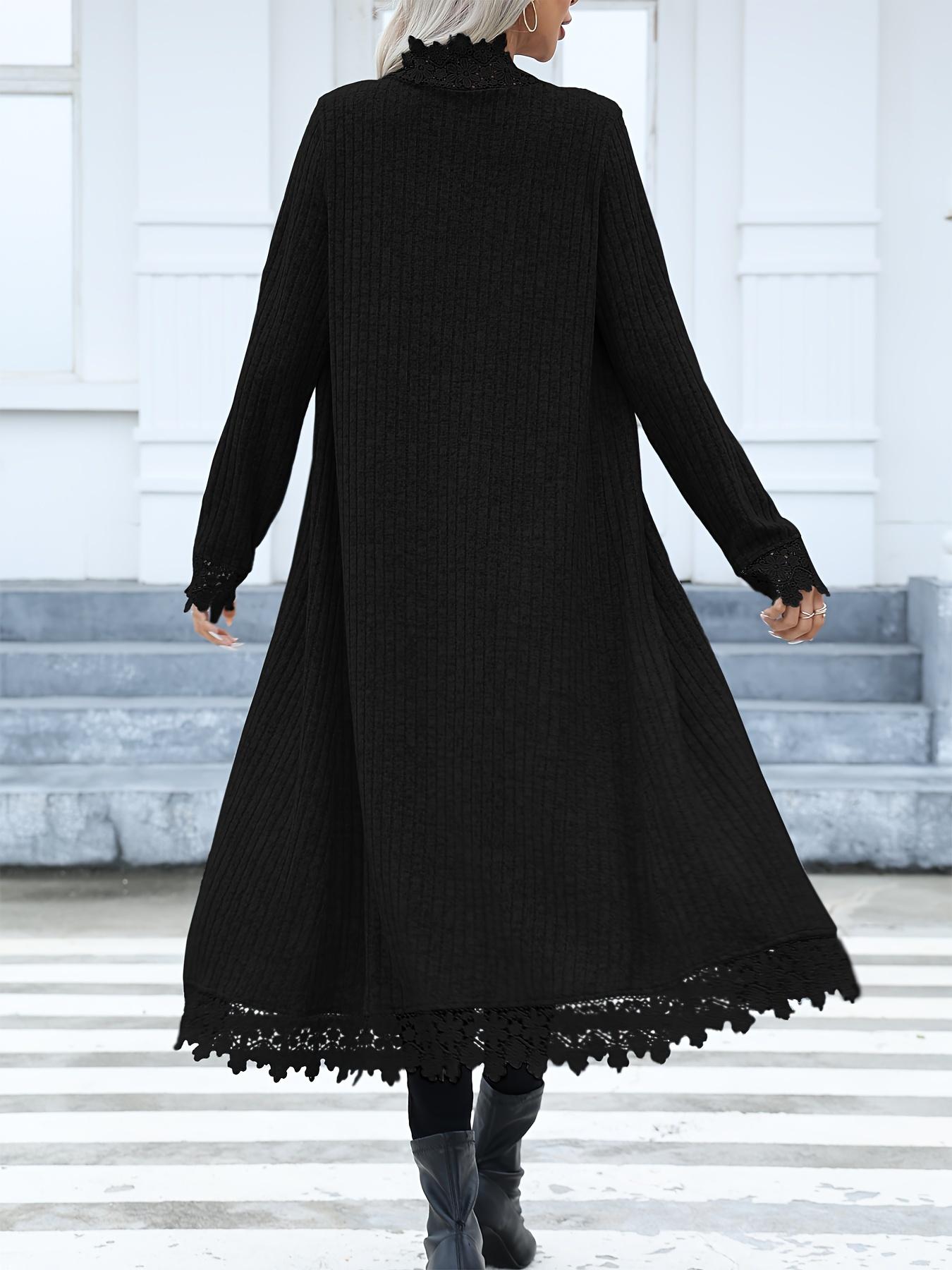 Women's Contrast Lace Open Front Longline Coat, Casual Long Sleeve Ribbed Outerwear for Spring & Fall, Ladies Clothes for Daily Wear