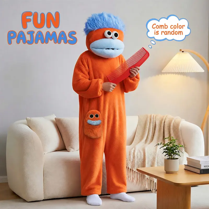 Fun Onesie Set, Comfortable Sleepwear with Hat, Cute Monster Party, Soft Flannel Robe, 1 Piece Set Includes Robe + Comb