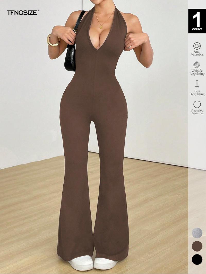 2026 Women's Bodycon Halter Jumpsuit Plunging V Neck Backless Flared Leg Pants Romper for Club Party Sleeveless Casual Jumpsuit