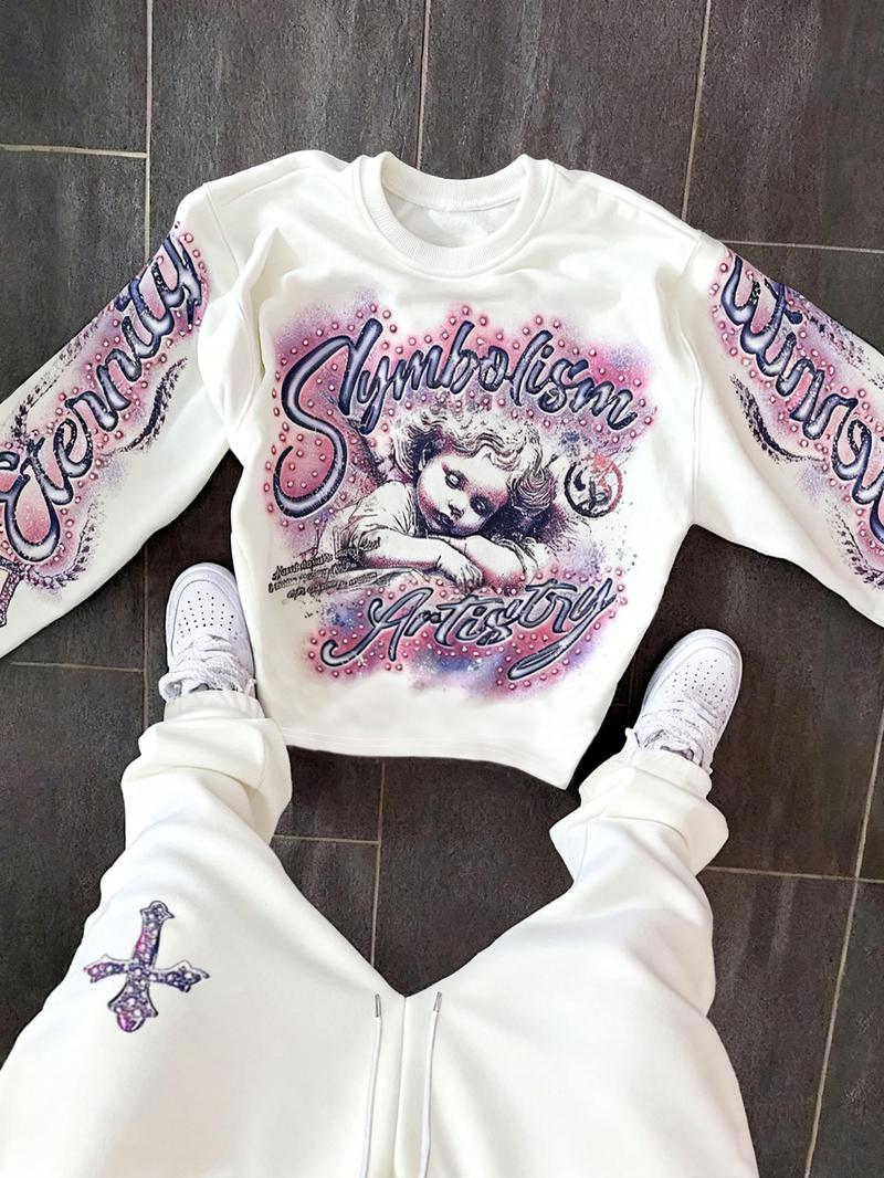 Men's Angel Print Warm Hoodie and Drawstring Waist Sweatpants Set, Casual Fitted Two-Piece, Spring & Fall Fashion