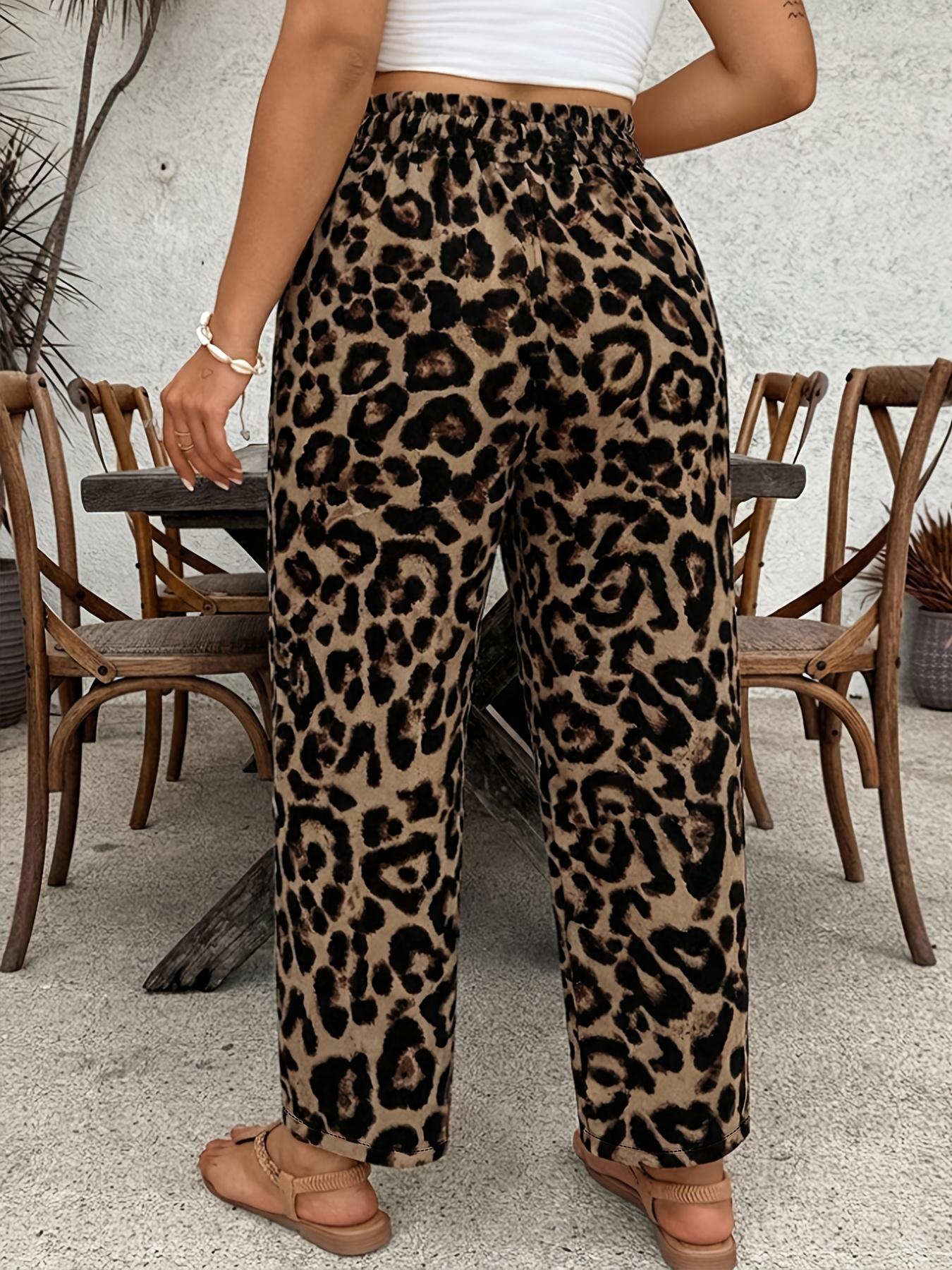 Women's Plus Size Casual Loose Fit Long Pants Bottoms, Full Print Leopard Pattern, Drawstring Elastic Waist, Pocket Design