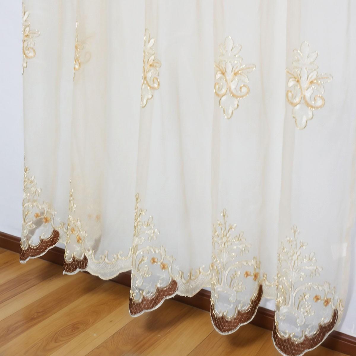 2pcs European Luxury Rice Gold Heavy Embroidered Sheer Curtain, Living Room Floor-To-Ceiling High Transparency Window Shade, Pierced Cream Style Balcony Curtain