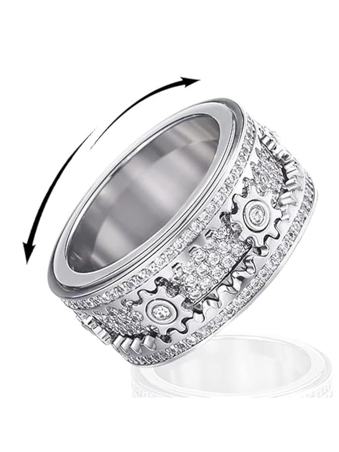 Gear Ring for Anxiety Relief, Unisex Fidget Spinner Ring, Stainless Steel, Diamond-Embedded, Perfect Gift for Friends and Family