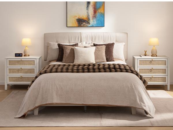 SICOTAS White Night Stand with Drawers - 15.55"D x 26.78"W x 25.67"H Rattan Bedside Table with Golden Handle, 3 Drawers Nightstand Side Table Boho Nightstand for Bedroom, Perfect for Any Bedroom, Durable and Stable