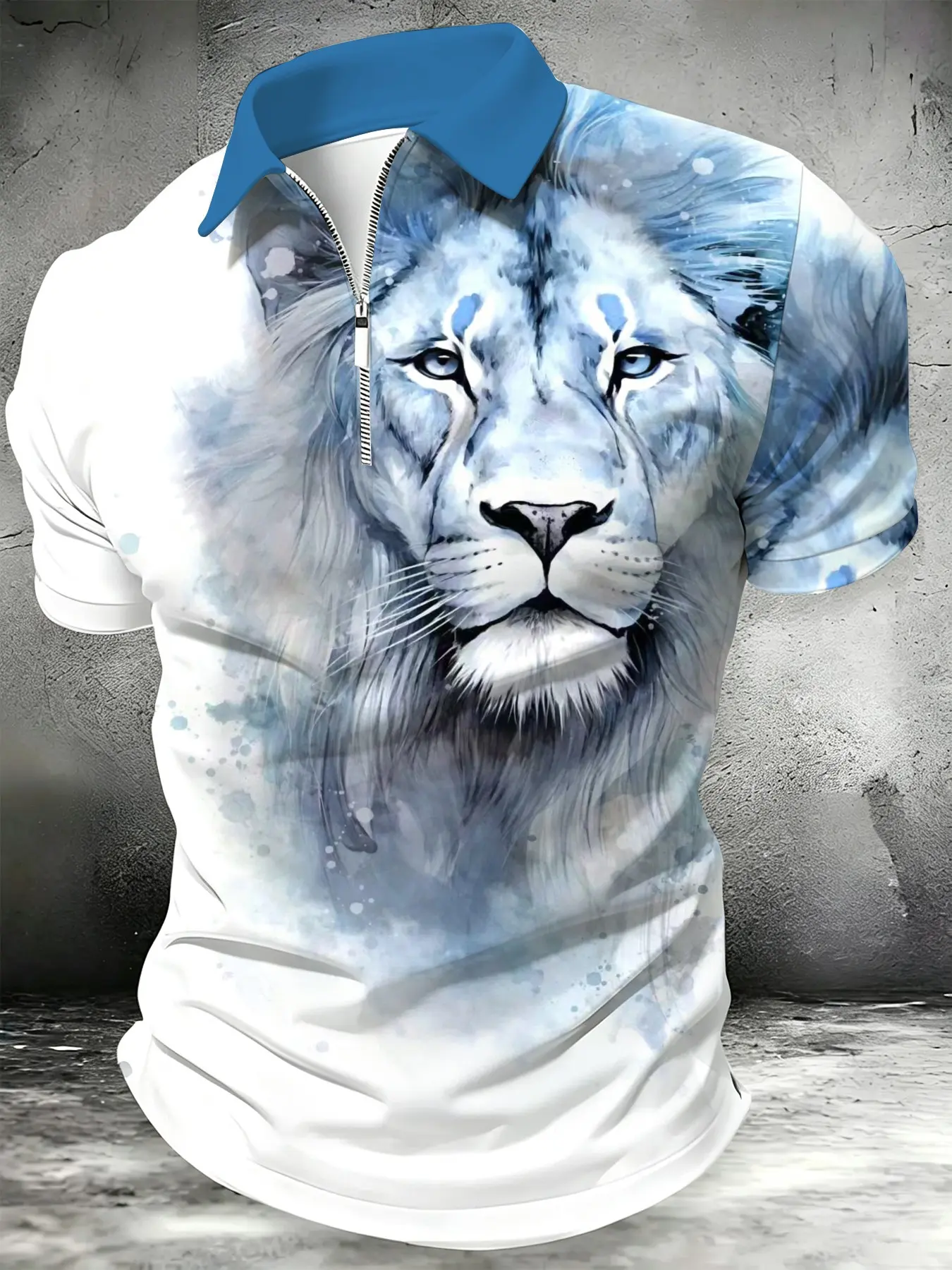 Men's Short Sleeve Zipper Polo Shirt with Lion Face Print, Casual Street Style Lightweight Polyester Top for Summer