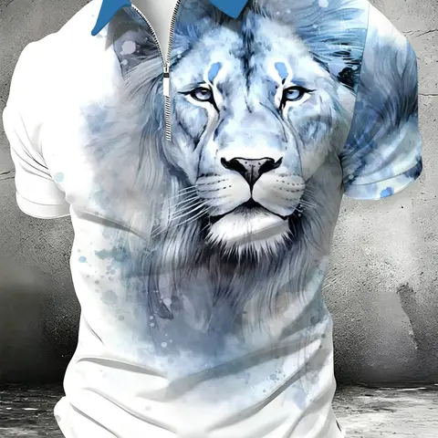 Men's Short Sleeve with Lion Face Print, Casual Street Style Lightweight Polyester Top for Summer, Graphic Polo Shirt