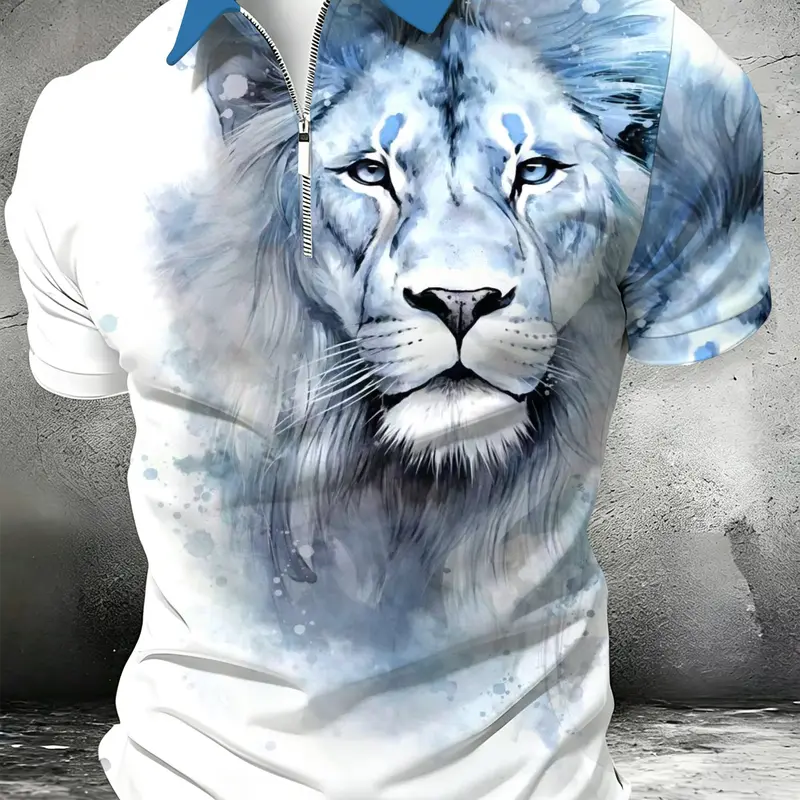 Men's Short Sleeve with Lion Face Print, Casual Street Style Lightweight Polyester Top for Summer, Graphic Polo Shirt