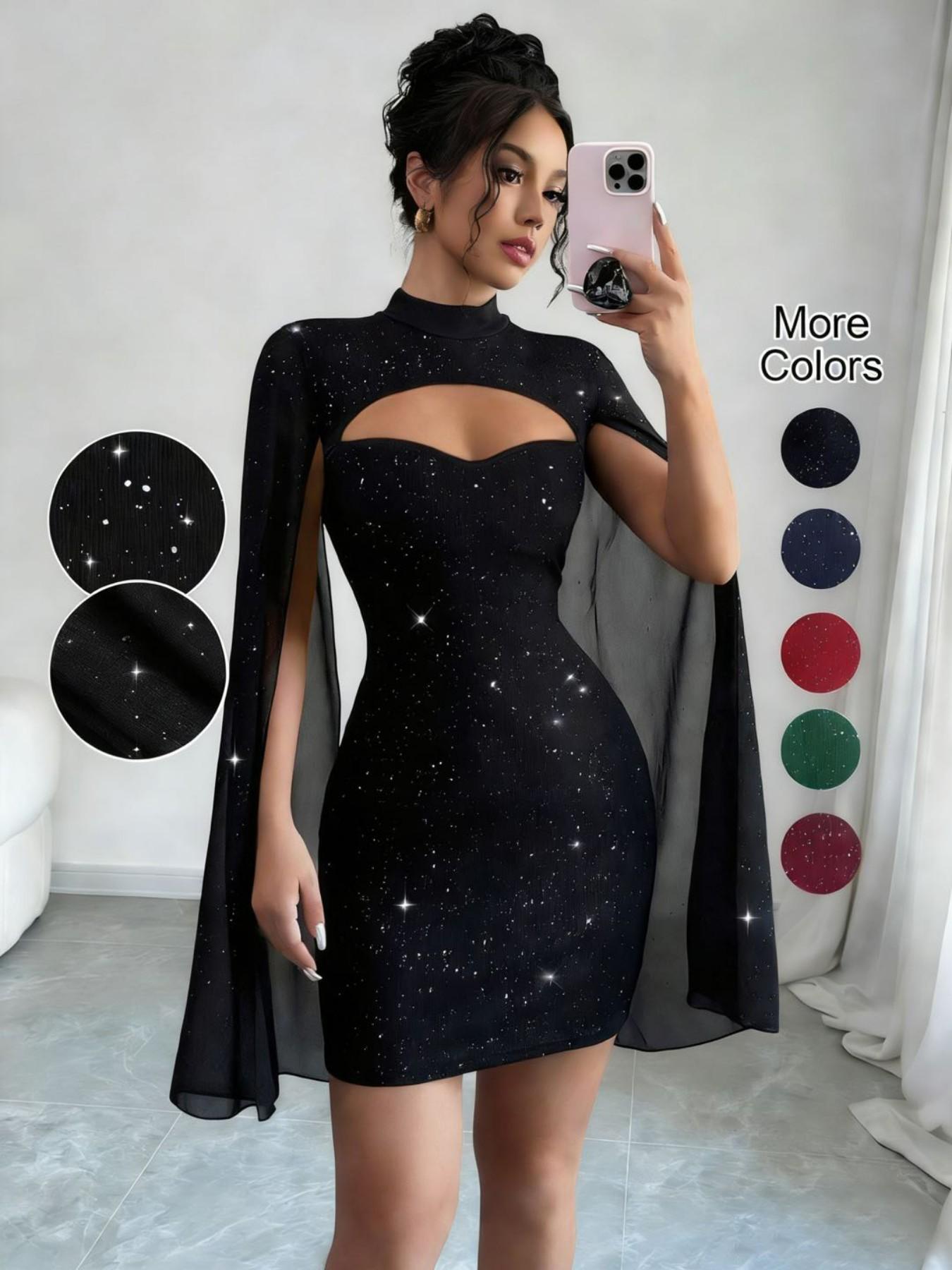 Spring & Fall Fashion Sexy Mini Bodycon Dress, Shawl Mesh Design, Cape Sleeves, Sparkling Sequins, Trendy Party Gown