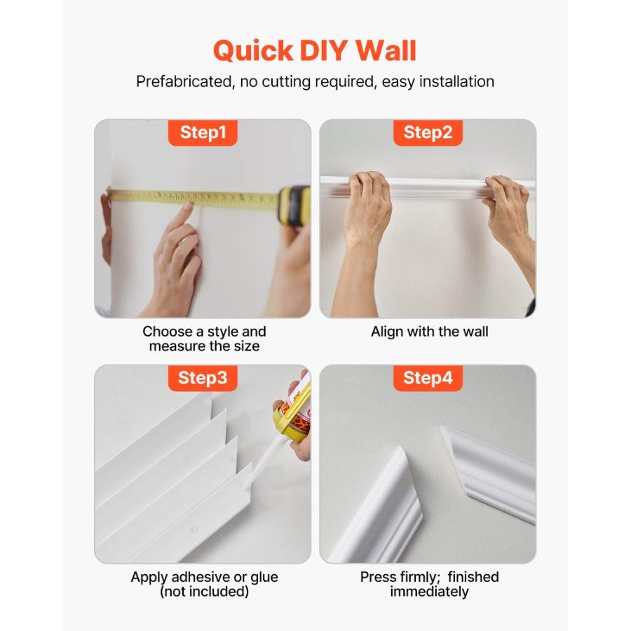 VEVOR 3-Pack Wall Molding Wainscoting Panels Kit, Dual-Line Wide-Narrow Profile, Lightweight Paintable Polystyrene, Easy-Install Accent Wall Trim for Interior Living Room, Bedroom, White