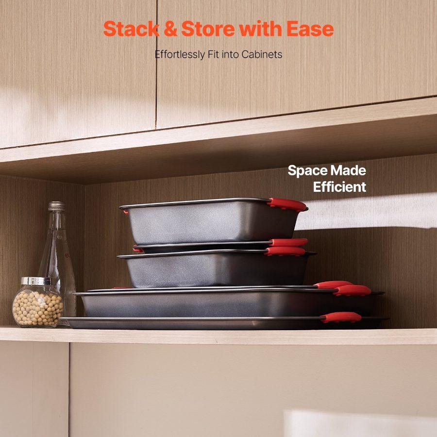 VEVOR Baking Pans Set, 6-Piece, Nonstick Carbon Steel Cookware Sheets Trays, Stackable Kitchen Oven Bakeware Cooking Sets with Silicone Handles, Easy to Clean, for Baking Cookie Cake Muffin Bread