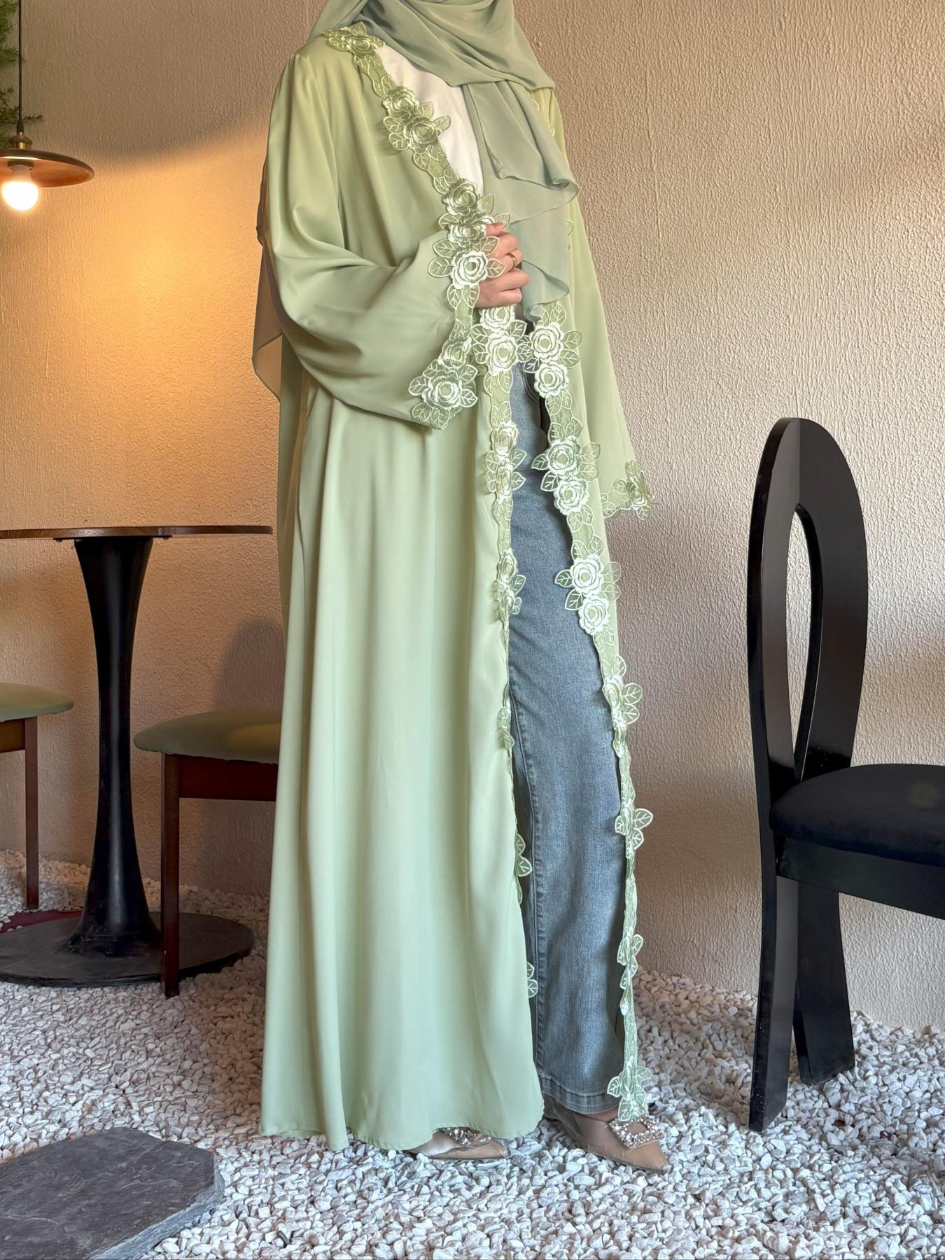 Elegant Floral with Headscarf, Comfortable Open Front Long Robe, Abaya Hijab Set, Perfect for Parties, Vacations, Ramadan, and Festivals
