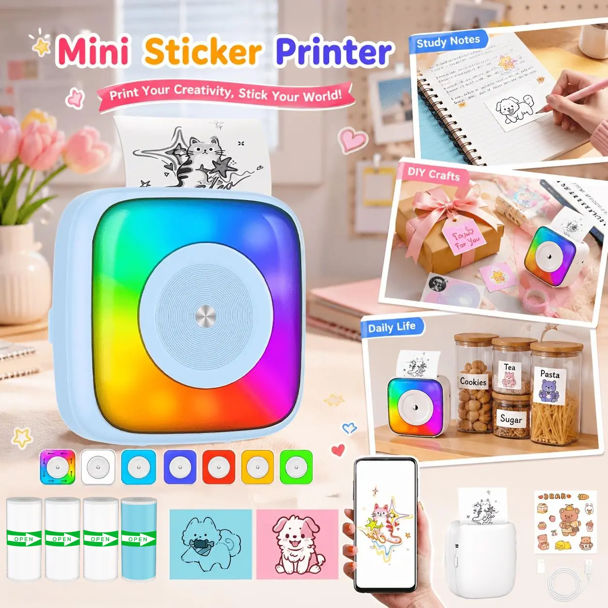 Mini Thermal Label Printer - Bluetooth Wireless Inkless Portable Pocket Printer with 4 Rolls of Label Paper Included, Suitable for Offices, Homes, Studies, and Small Businesses