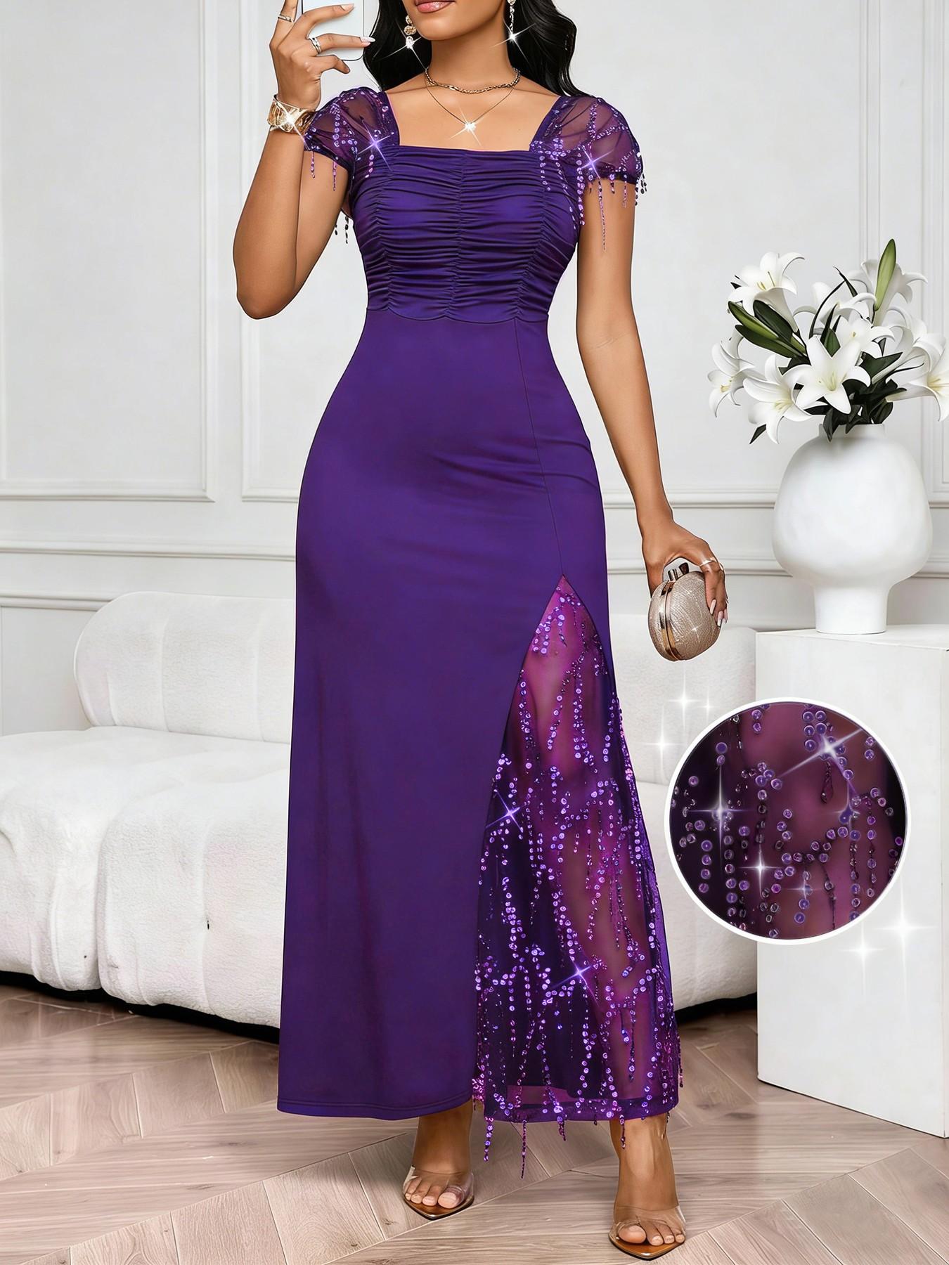 knee length dresses for ladies Priestess Flocked Mesh Maxi Dress - Purple | Disturbia