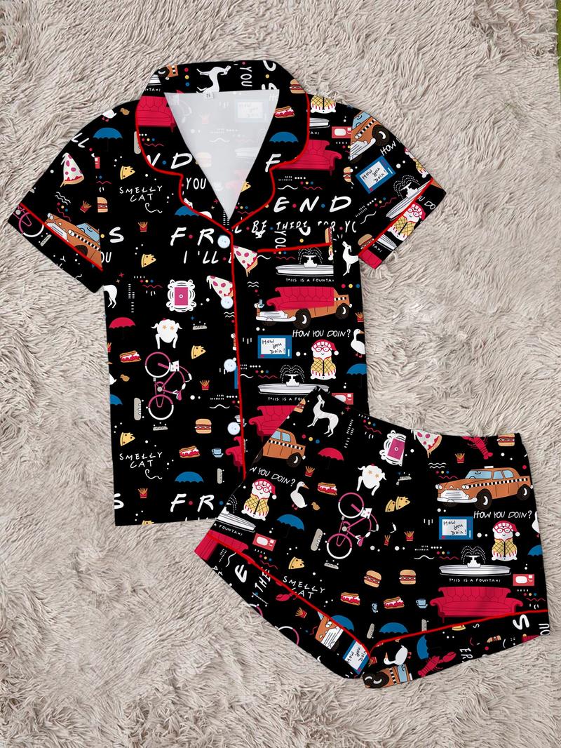 Women's Friends TV Show Sleepwear Loungewear Set, Spring Lapel Shirt & Pants Two-Piece, Short Sleeve Shorts, Party Wear, Fitted Pop Art Print
