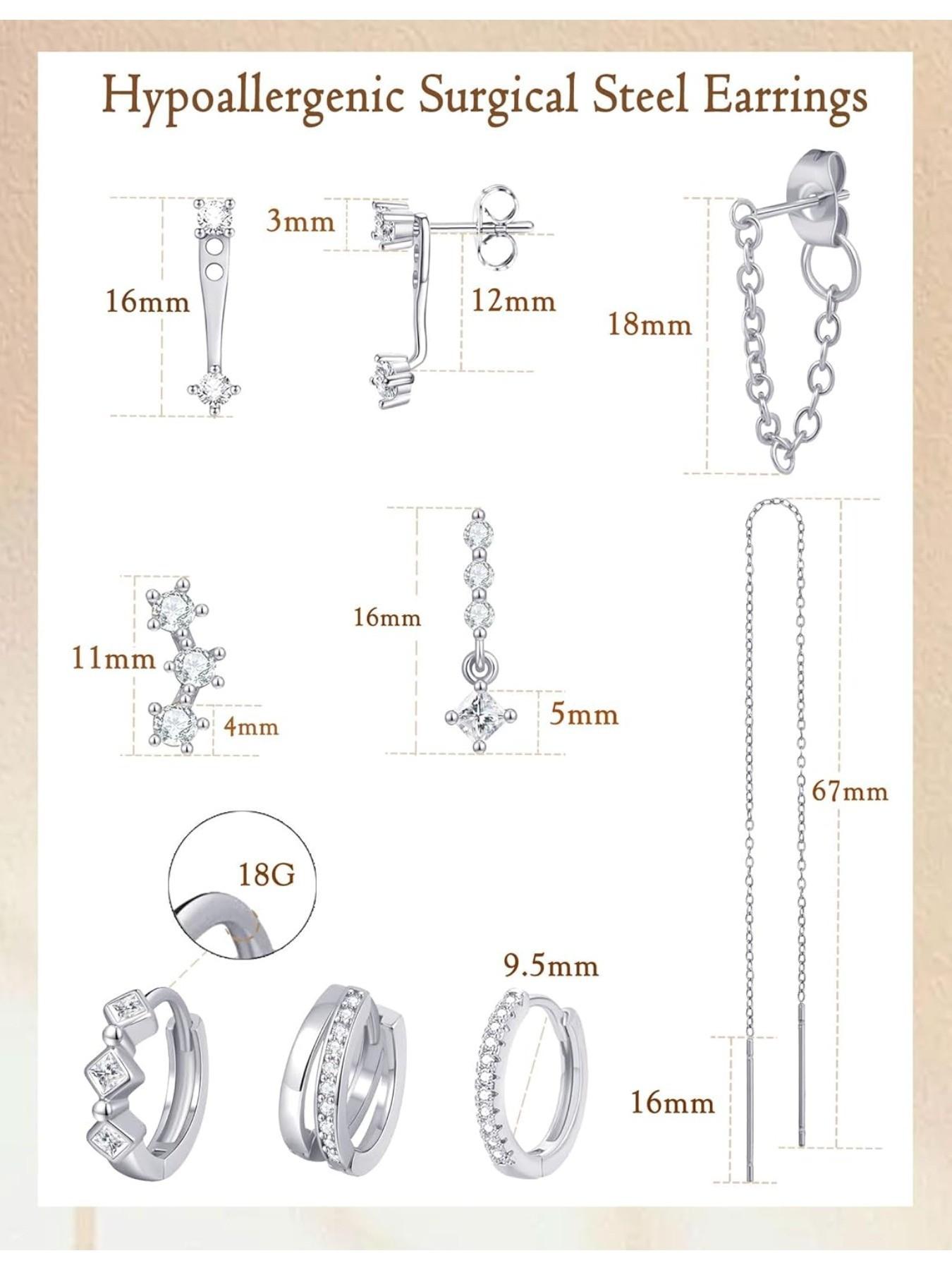 8 Pairs 18K Gold Plated Small Hoop Earring CZ Cartilage Stud Earring for Women Long Chain Drop Dangle Stack Earrings for Multiple Piercings Gold Silver Tone