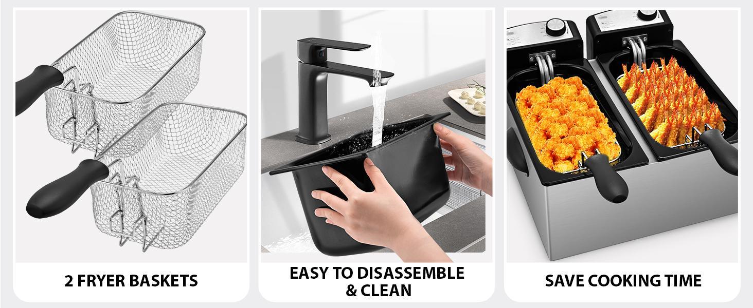 SUSTEAS Get crispy perfection! 3QT non-stick pot, basket & temp control. Removable lid for easy cleaning. oil capacity Electric Temperature-Controlled Deep Fryer Cooker air fryer