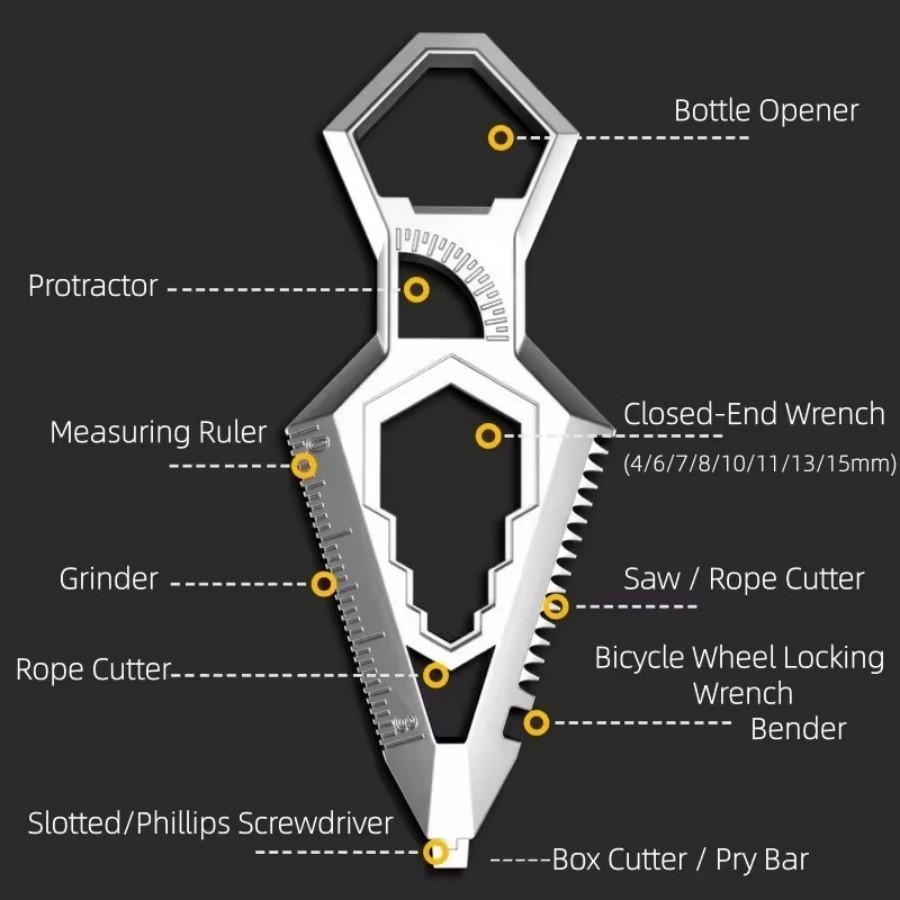 9-in-1 Stainless Steel Keychain, Portable Bottle Opener, Protractor, Ruler, Screwdriver, Wrench, Pocket EDC Tool.