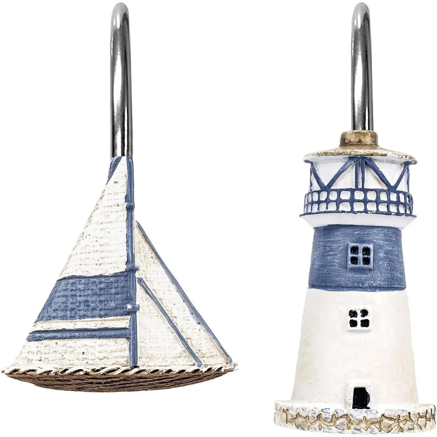 Nautical Shower Curtain Hooks, Home Decorative Coastal Shower Curtain Rings for Bathroom, Resin, Ocean Shower Curtain Hanger Hooks for Living Room, Set of 12, Blue Lighthouse Sailboat