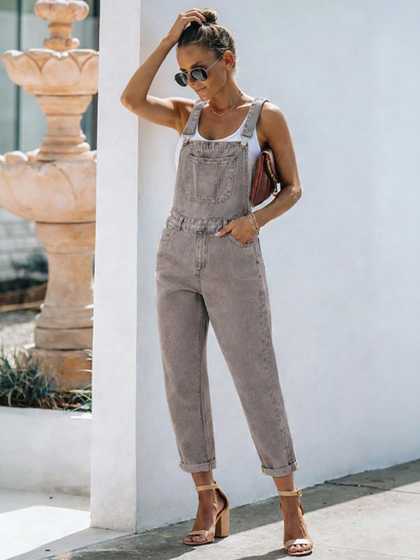 Summer New Denim Bib Pants Overalls Solid Color Loose Fit Women's Jeans Bib Pants Casual Daily Wear Versatile