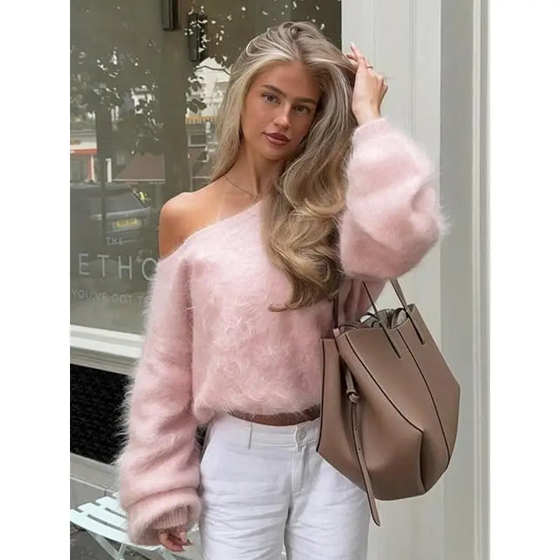 Women's Faux Fur Sweater, Low Round Neck, Shoulder-Exposed Design, Loose Fit Long Sleeve Top, Casual Fall & Winter Fashion